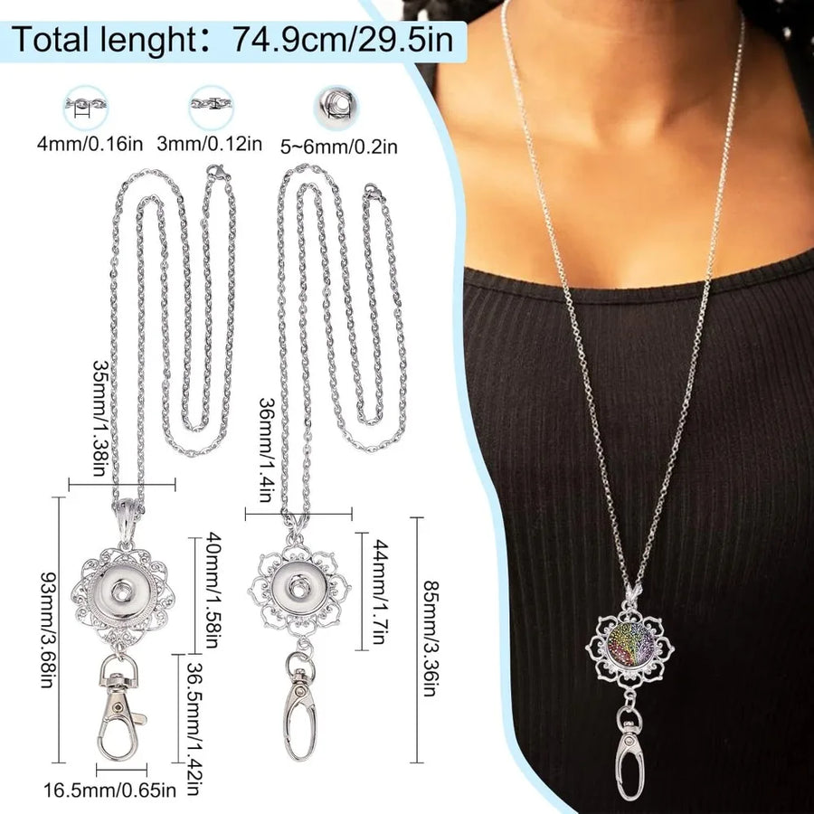 2+24 Styles ID Badge Lanyard Tree of Life Snap Button Lanyard Necklaces Badges Holder Stainless Steel Necklace Chain Breakaway