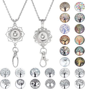 2+24 Styles ID Badge Lanyard Tree of Life Snap Button Lanyard Necklaces Badges Holder Stainless Steel Necklace Chain Breakaway