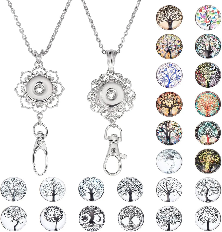 2+24 Styles ID Badge Lanyard Tree of Life Snap Button Lanyard Necklaces Badges Holder Stainless Steel Necklace Chain Breakaway